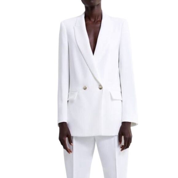 Zara Longline White Double Breasted Blazer Women S Tailored Notch Collar Lined - Picture 1 of 16